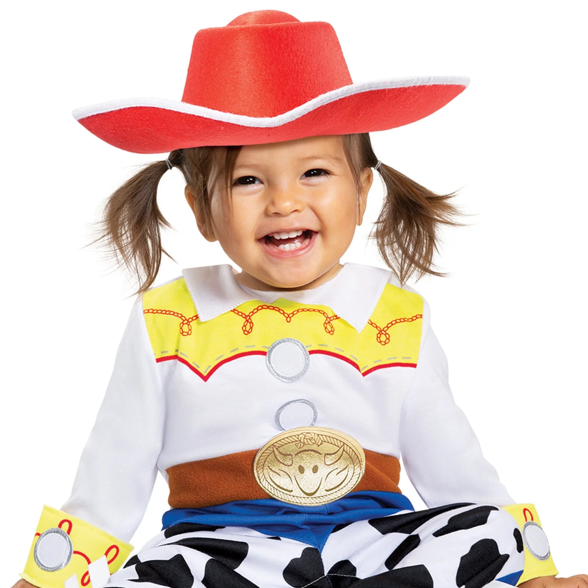 Close-up of the red felt cowgirl hat and yellow rope-print yoke