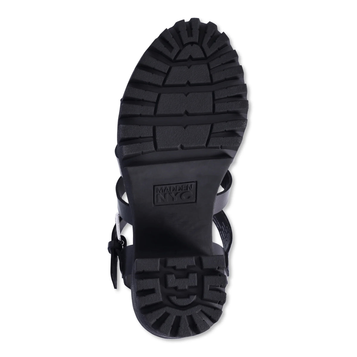 Black deep-lug rubber sole of the platform sandal