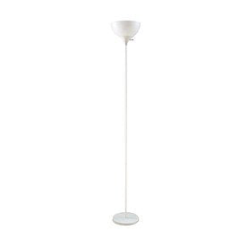 Tall slim white floor lamp with an upward-facing white bowl shade