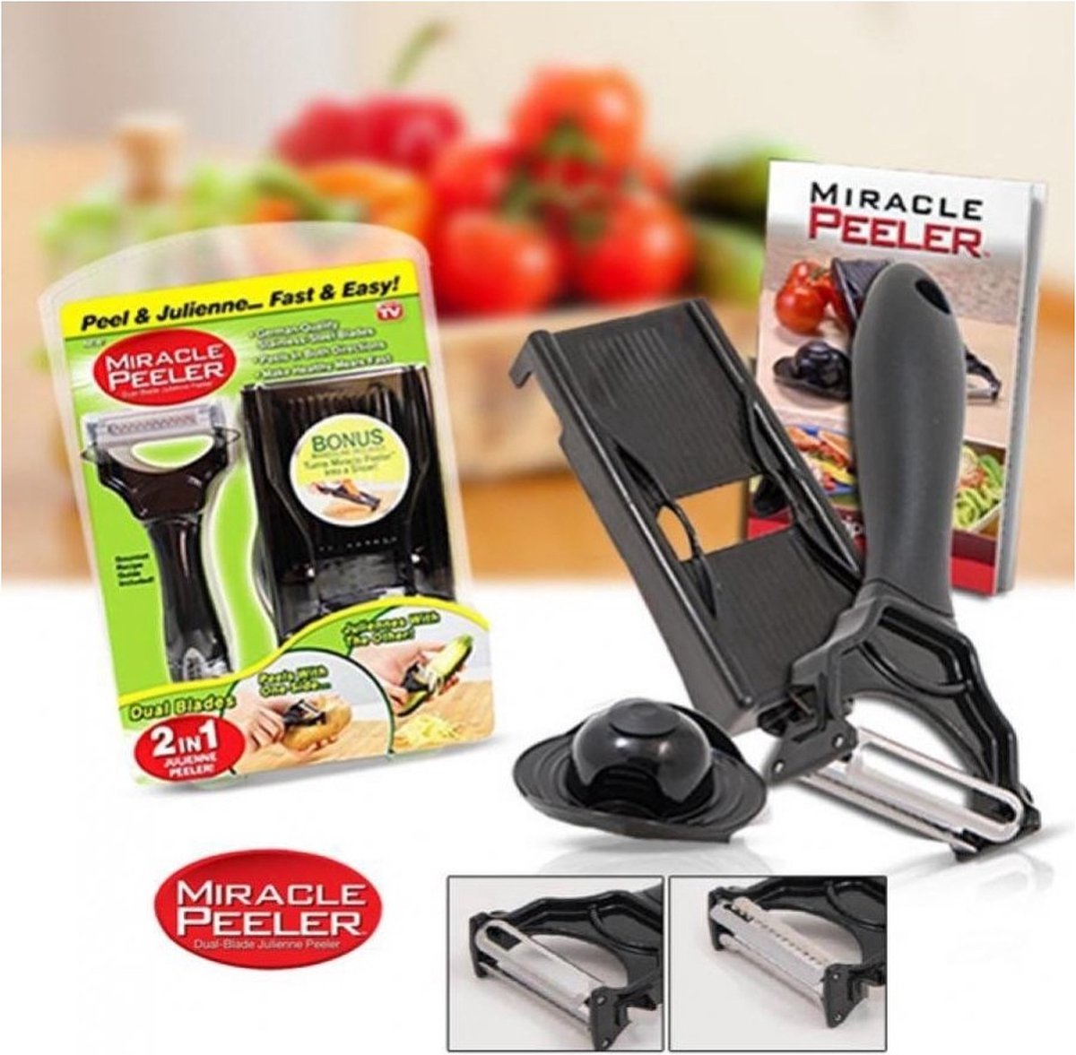 Dual-blade julienne peeler set in its pack beside the peeler, slicer, grater cup and recipe guide