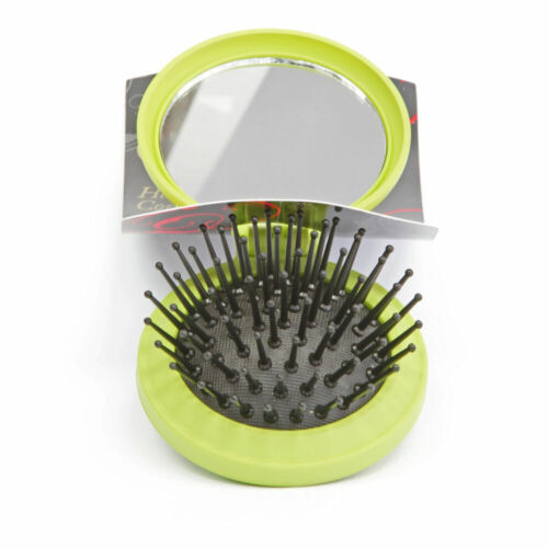 Lime green pop-up compact brush with mirror lid and black pins