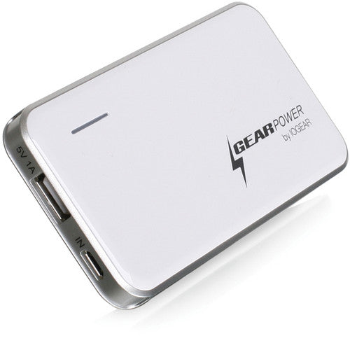 Slim white power bank with a silver edge, USB port and micro USB input