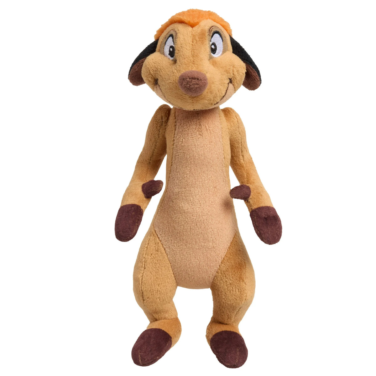 Standing plush meerkat with an orange tuft and brown paws
