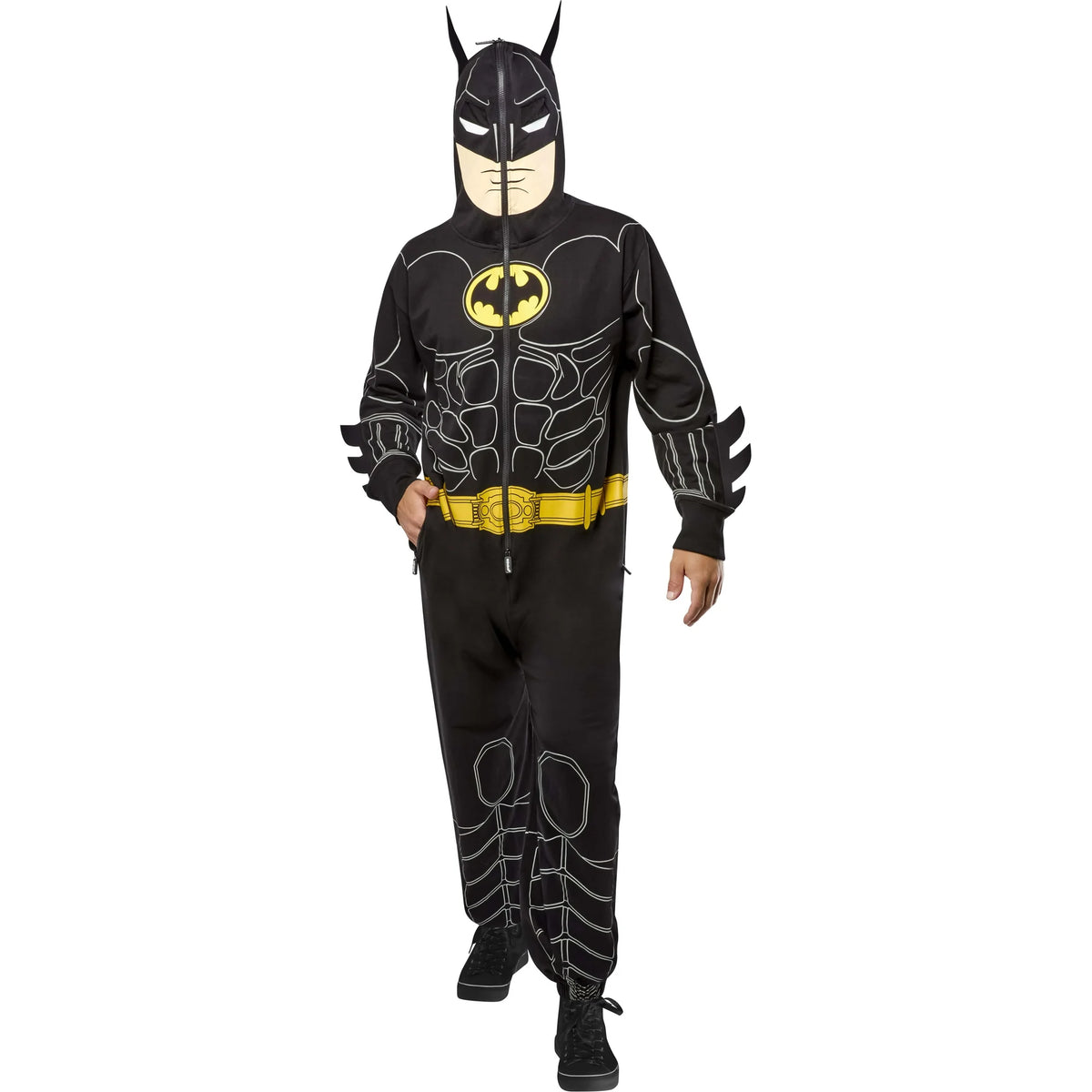 Man walking in the zip-front bat hero onesie with eared hood and printed muscles