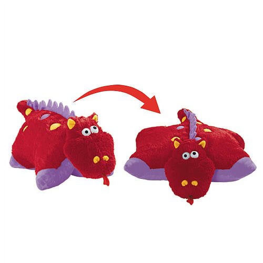 Red and purple dragon plush shown folded and unfolded flat into a pillow