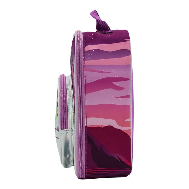 Side of the purple lunch bag with a pink desert sunset print