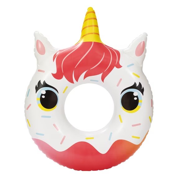 White inflatable unicorn swim ring with a gold horn, pink mane and pink frosting with sprinkles, shown flat