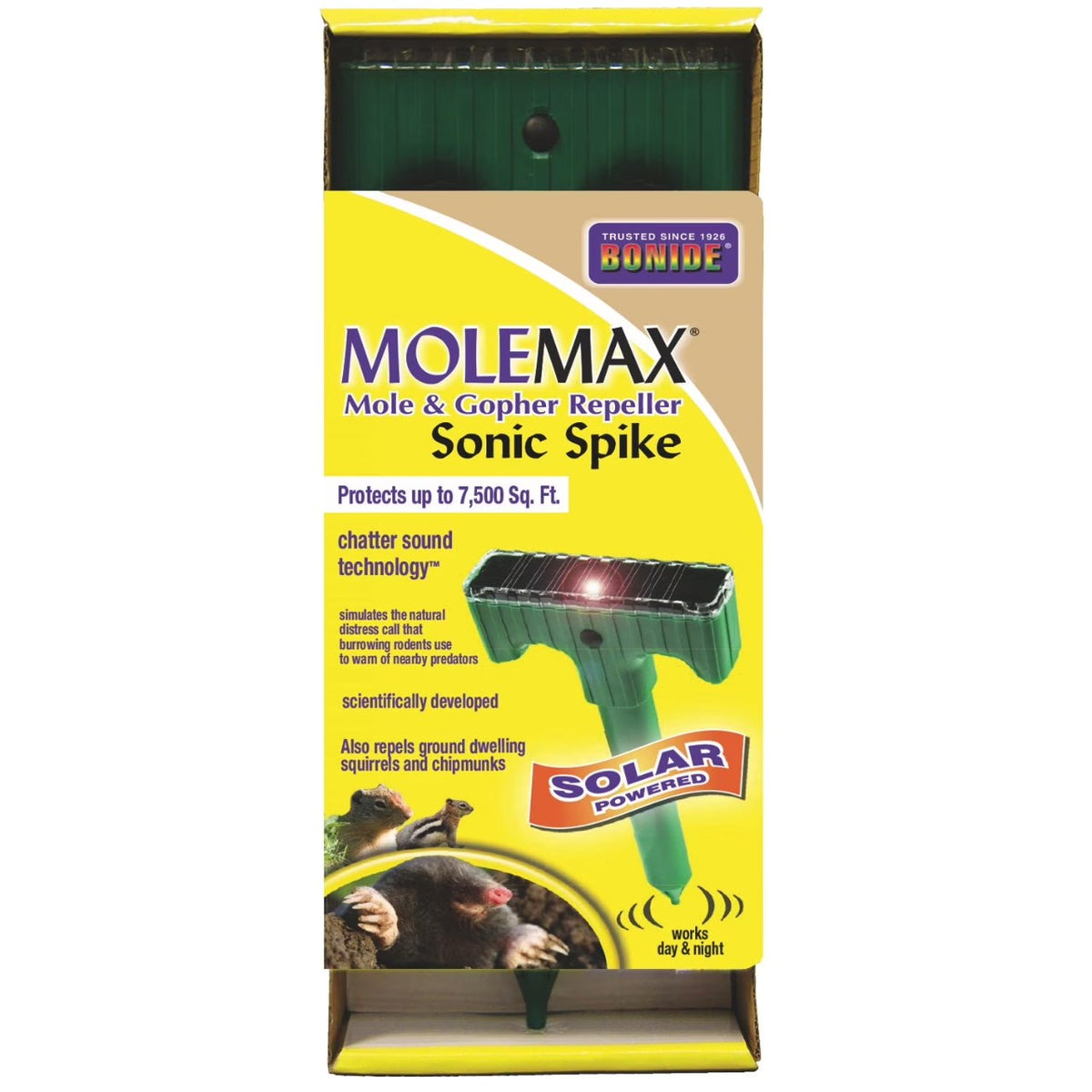 Yellow MoleMax box with a green solar sonic spike and a mole, squirrel and chipmunk pictured