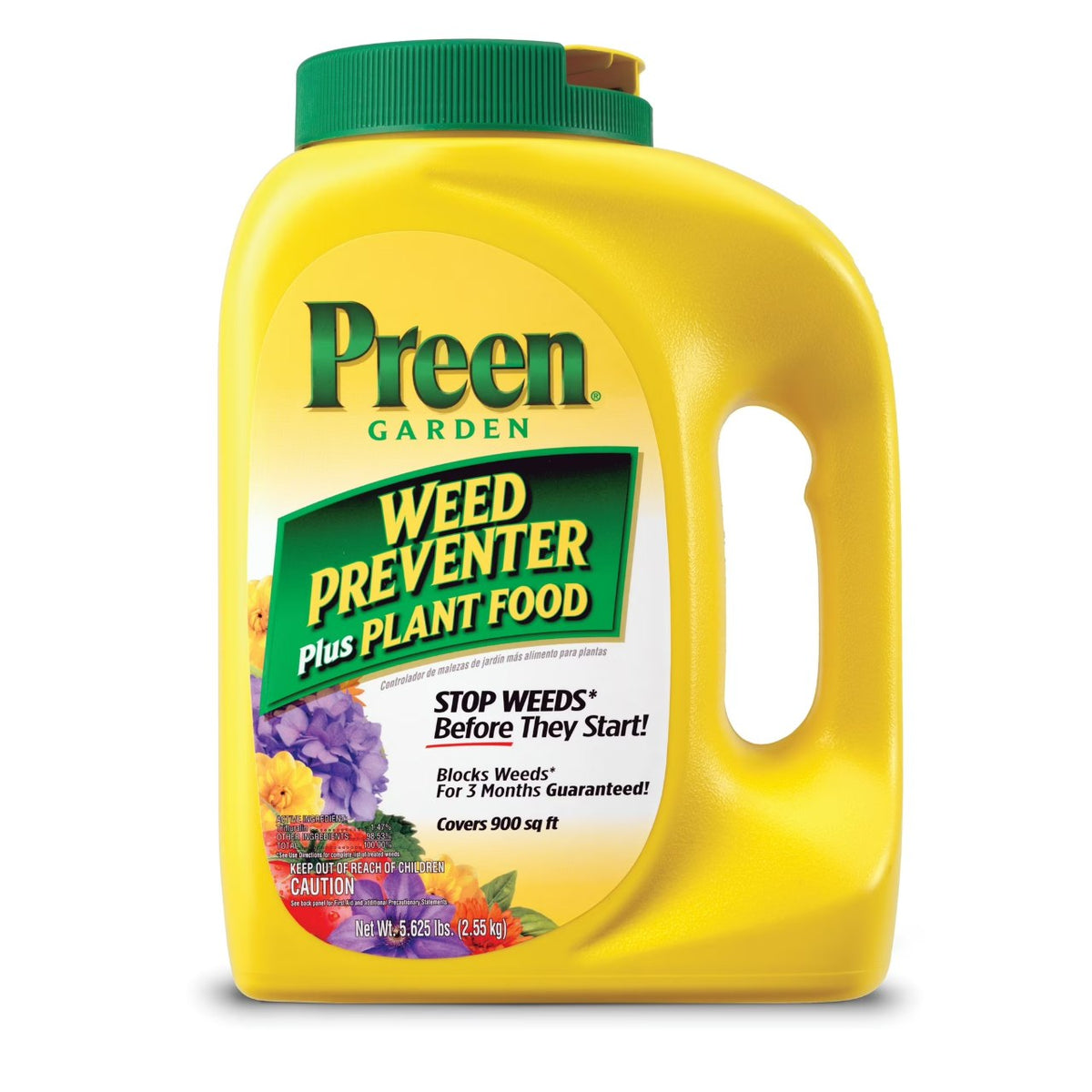 Yellow jug of Preen Garden Weed Preventer Plus Plant Food with a green flip-top cap and flowers on the label