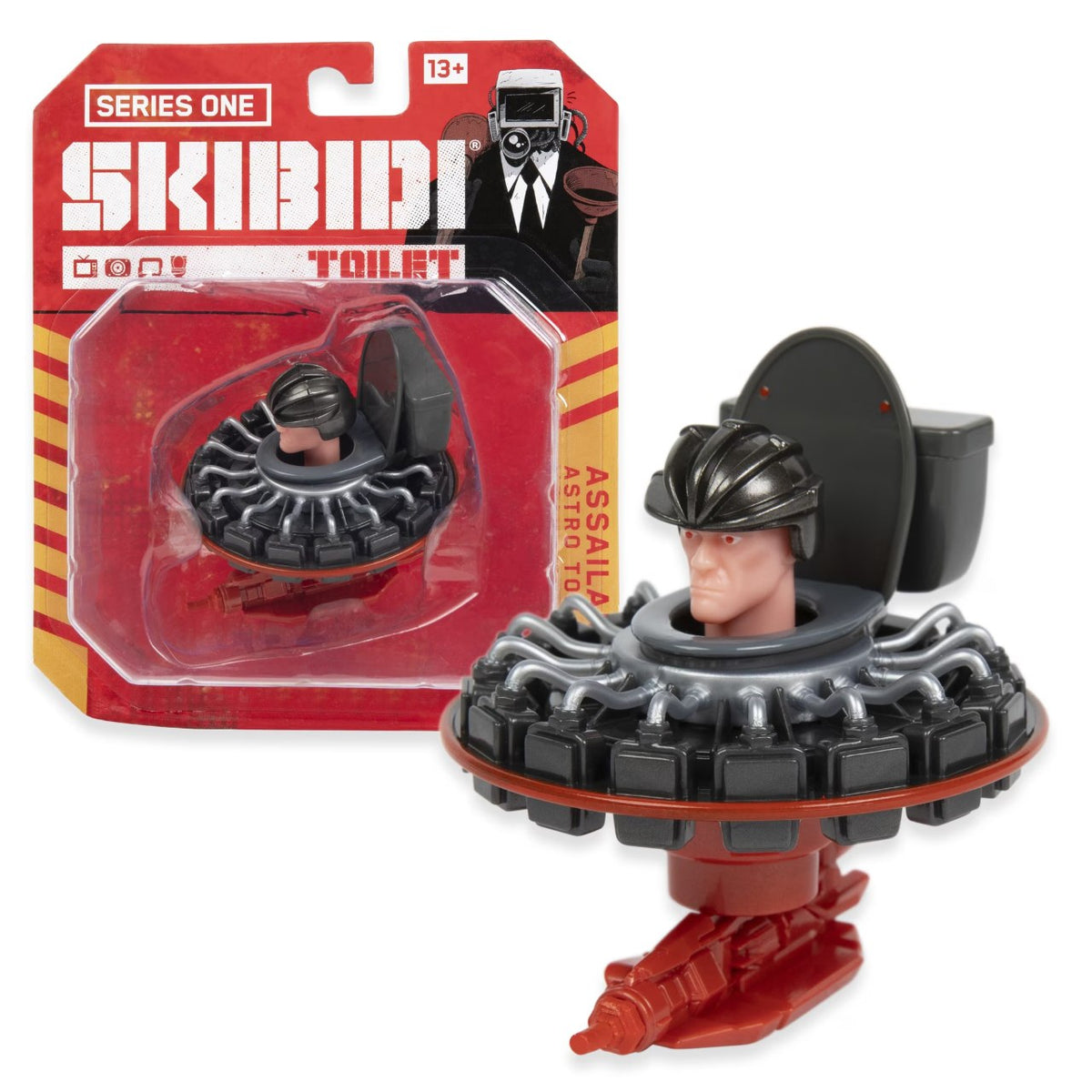 Skibidi Toilet Assailant Astro Toilet diecast in its red Series One blister pack, beside the figure in a grey toilet on a red rocket base