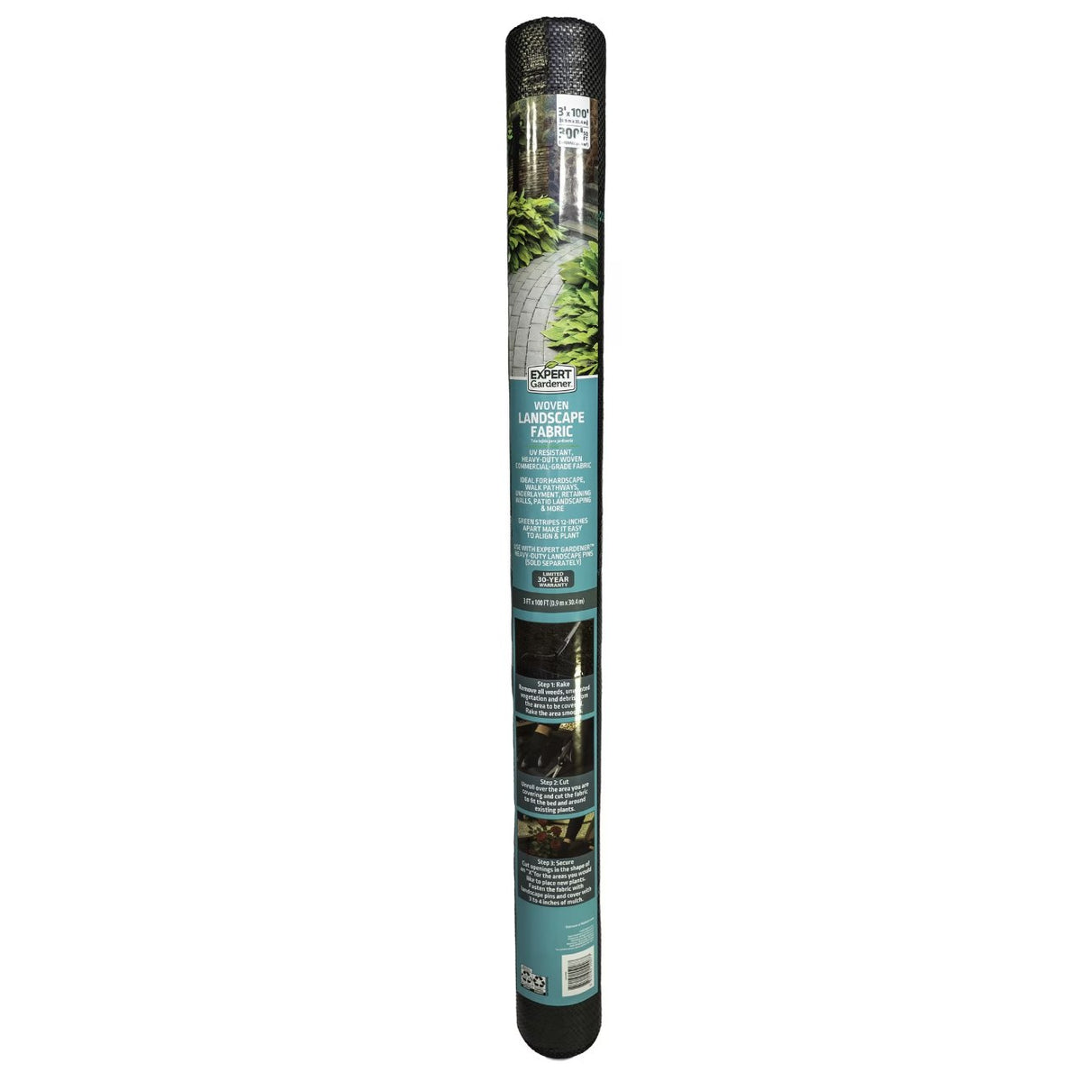 Rolled black woven landscape fabric in a teal Expert Gardener wrapper showing a garden path and 3 ft x 100 ft size label