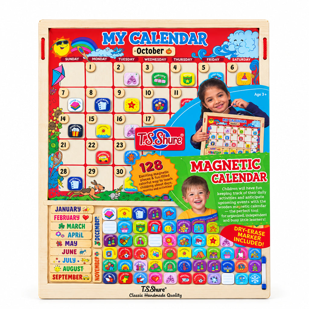 T.S. Shure wooden magnetic calendar in its packaging, showing the October month board with colorful activity magnets and the month and date tiles