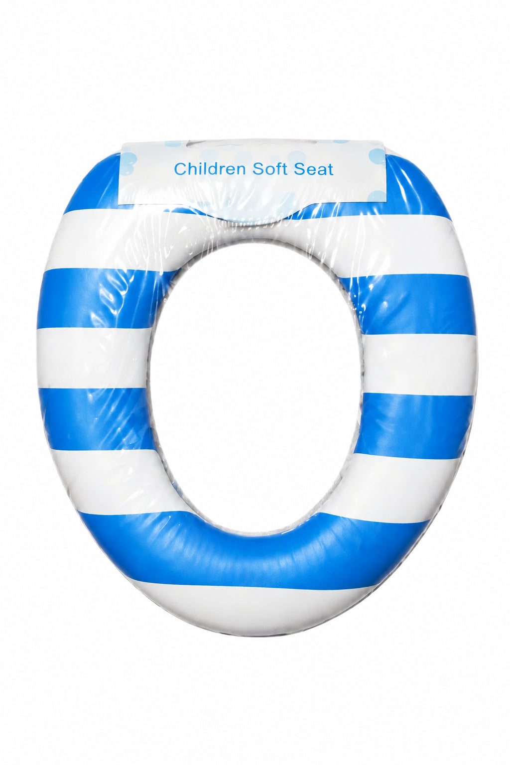 Blue and white striped padded children's soft potty seat in its wrap, on a white background