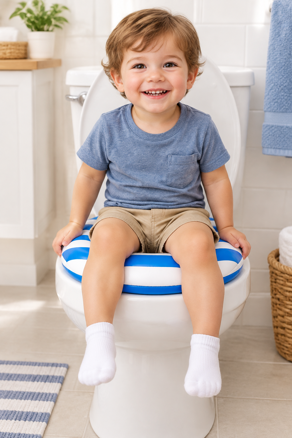 Smiling toddler sitting on a toilet fitted with the blue and white striped soft potty seat