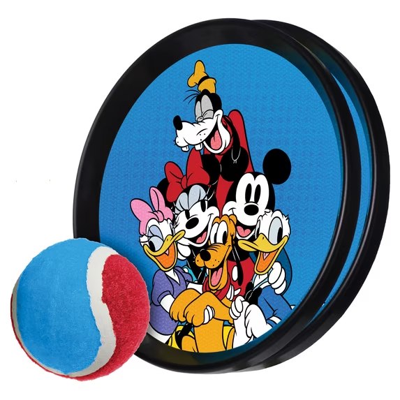 Two blue Mickey and Friends catch paddles with Goofy, Minnie, Daisy, Pluto and Donald, and a red white and blue ball