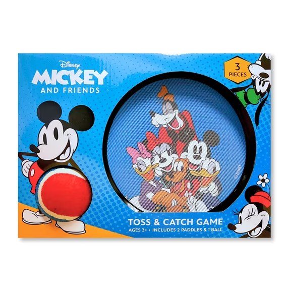 Mickey and Friends Toss and Catch Game box showing a paddle and ball, 3 pieces, ages 3 and up