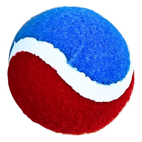 Close-up of the fuzzy catch ball in blue, white and red