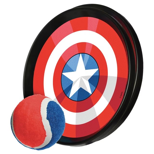 Catch paddle printed with the Captain America shield, with a red white and blue ball