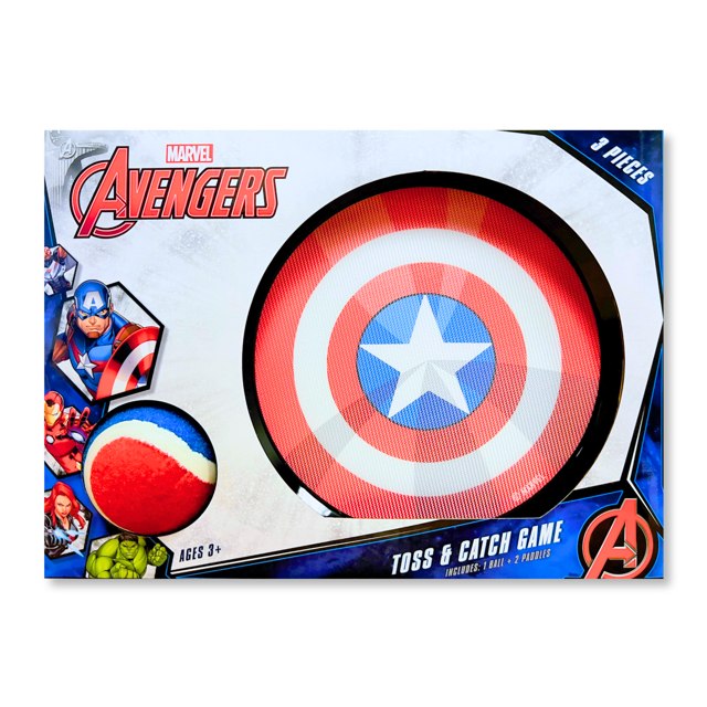 Marvel Avengers Toss and Catch Game box with a shield paddle and ball, 3 pieces, ages 3 and up