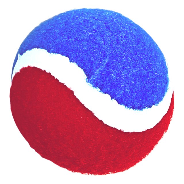 Close-up of the fuzzy catch ball in blue, white and red