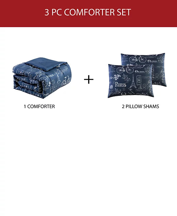 Diagram of the set: one folded navy Paris print comforter plus two pillow shams