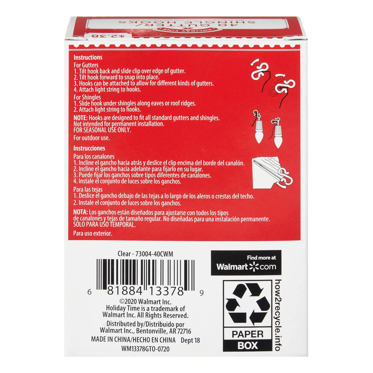 Back of the red 40-hook box with gutter and shingle instructions in English and Spanish