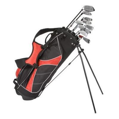 Men's golf club set in a black and red stand bag with legs extended