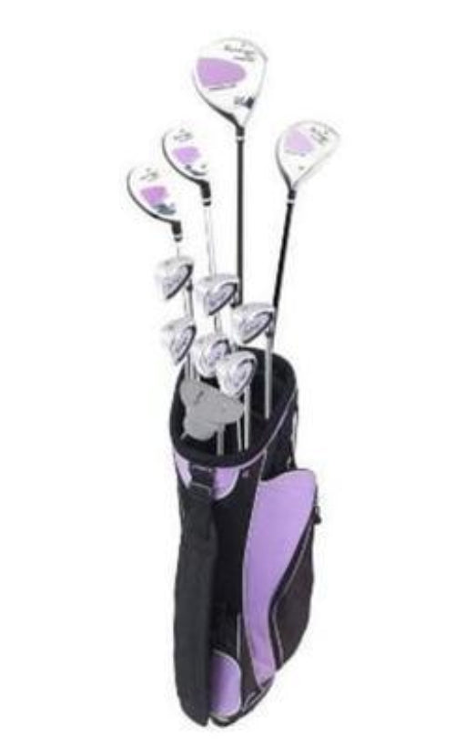 Women's golf club set in a lavender and black stand bag with woods, irons and putter