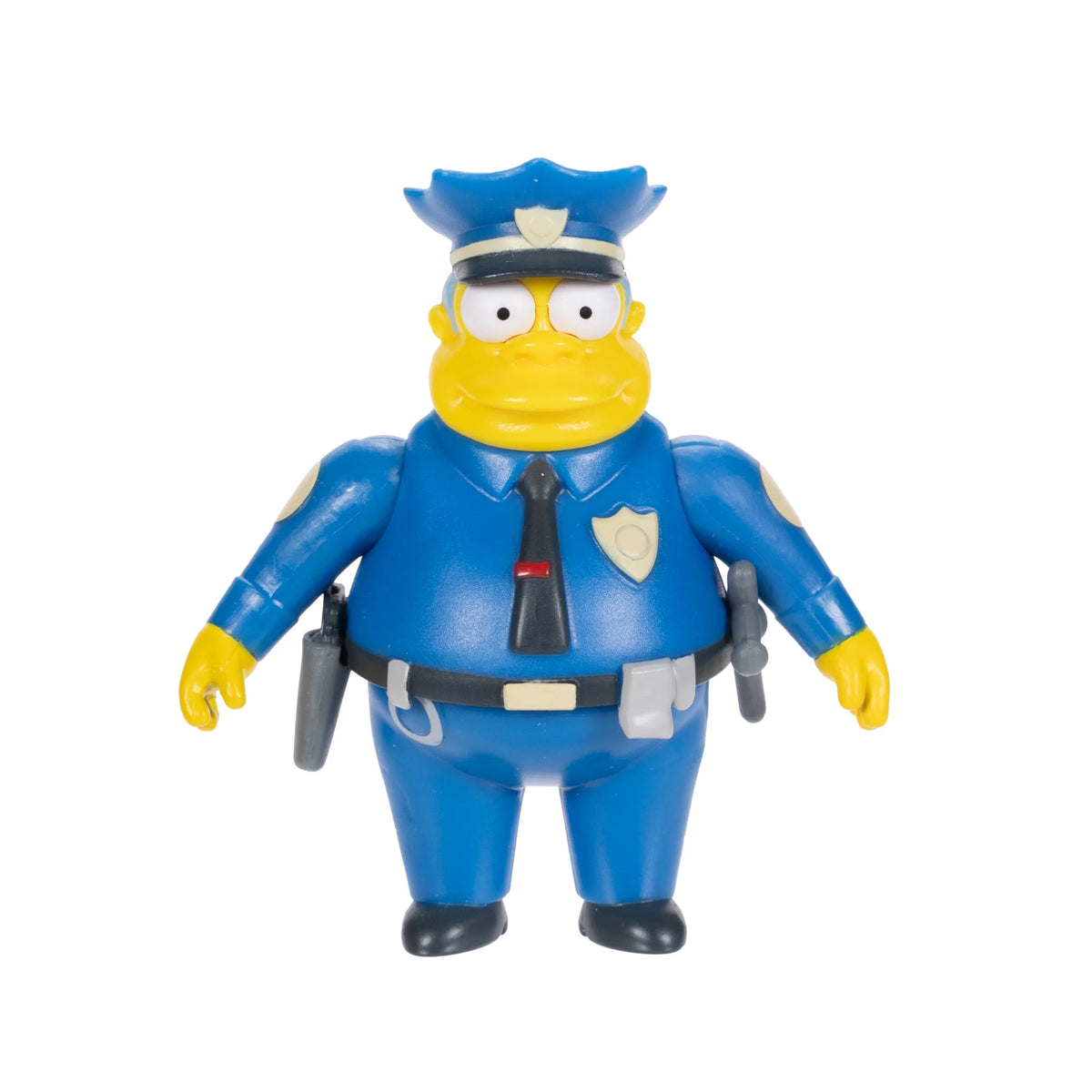 Front of the cartoon police chief figure in a blue uniform, cap, tie and duty belt