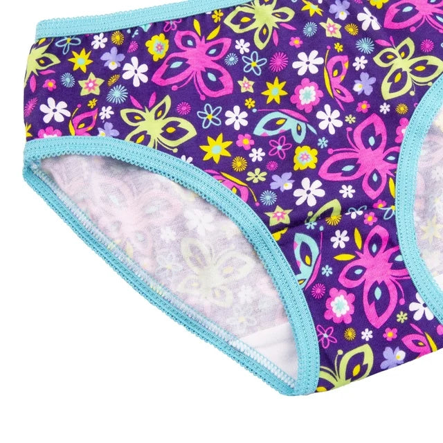 Corner of purple butterfly print briefs with turquoise trim and a white lining