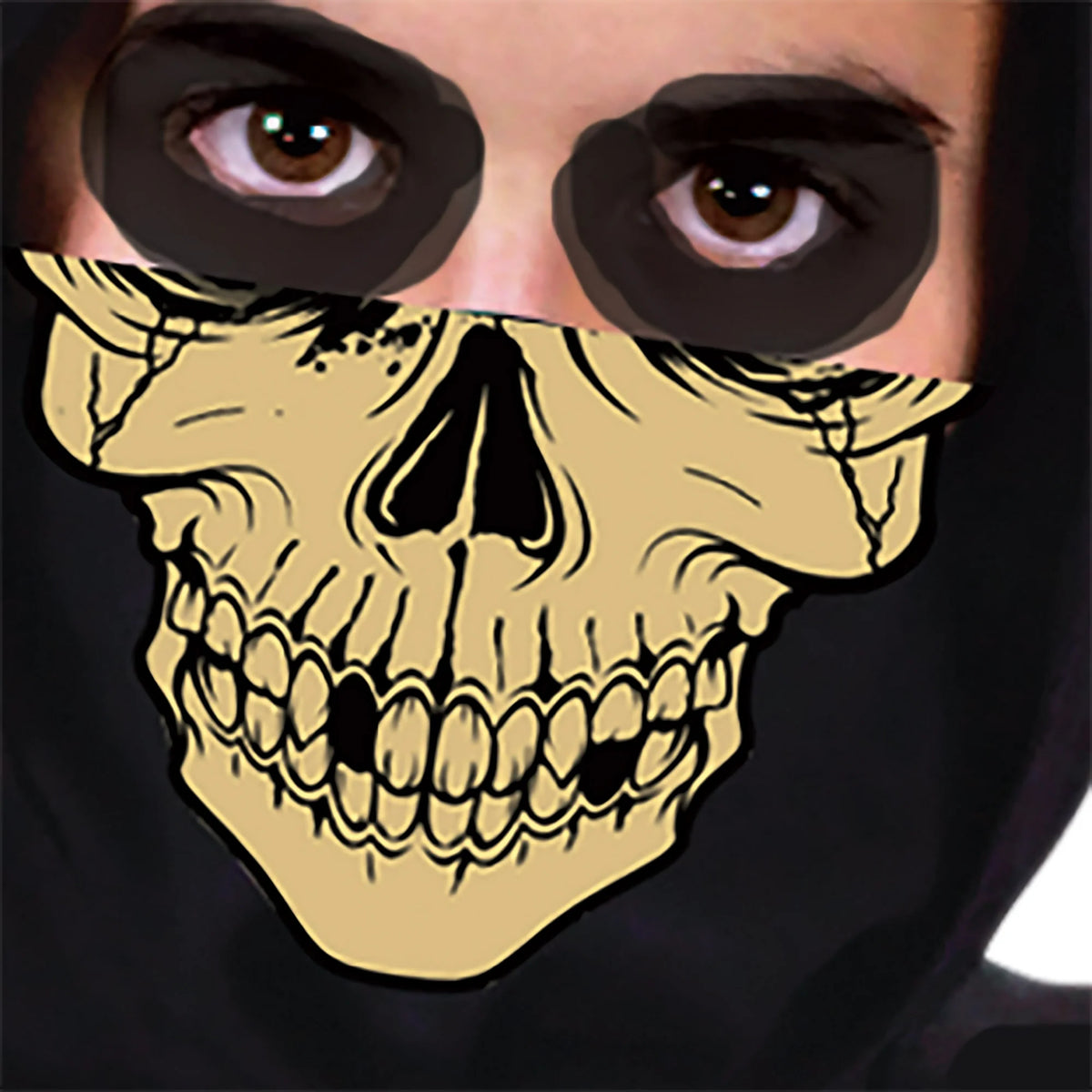Close-up of a boy wearing the gold skull jaw face mask and black hood