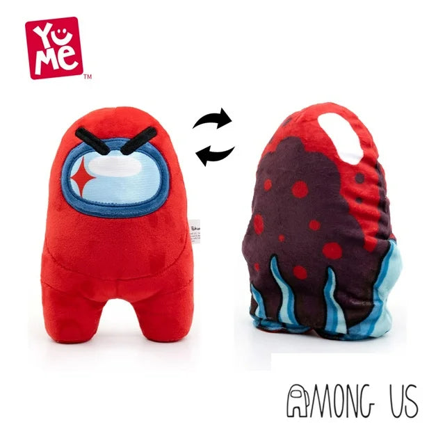Red crewmate plush beside its reversed spotted creature side with flip arrows