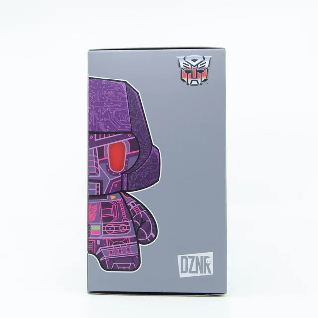 Side of the grey DZNR box with half of Megatron in purple circuits