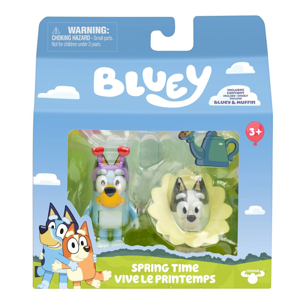 Bluey Spring Time 2-pack box with Bluey in heart antennae and Muffin in a yellow flower collar