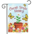Garden flag with a daisy in a clay pot, yellow butterflies and Cherish Simple Blessings