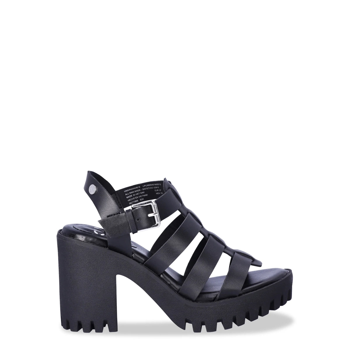 Side view of the black strappy platform sandal with a tall block heel