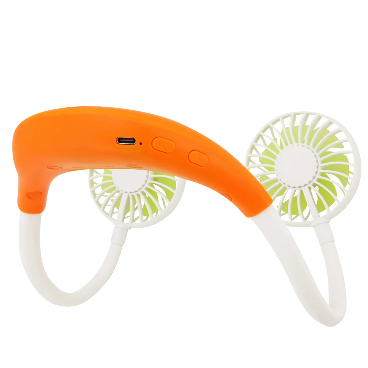 Orange neckband speaker with two white fans with lime green blades