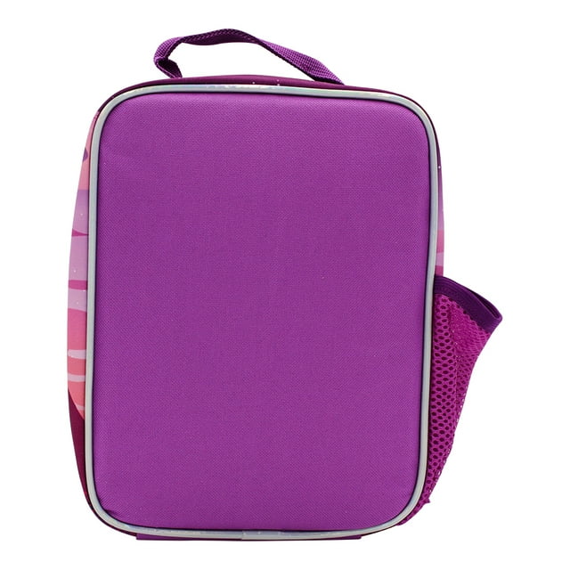 Back of the purple lunch bag with a mesh side pocket