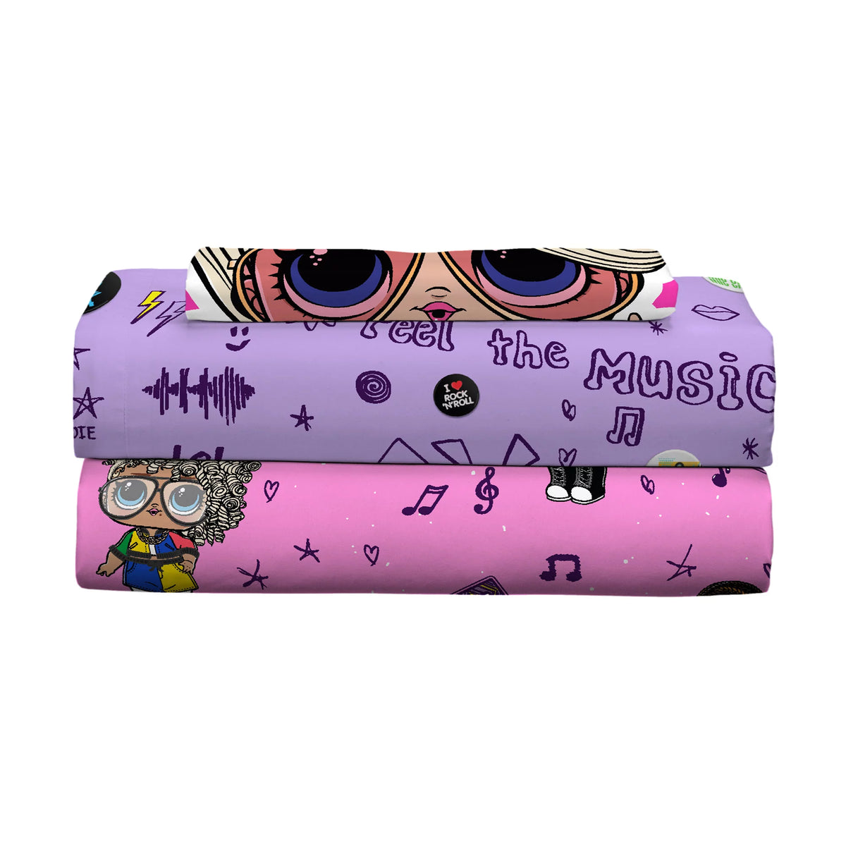 Folded stack of the pink and purple sheets with the pillowcase on top