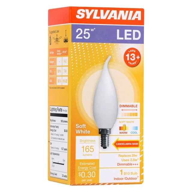 Angled view of the flame tip LED bulb box with lighting facts panel