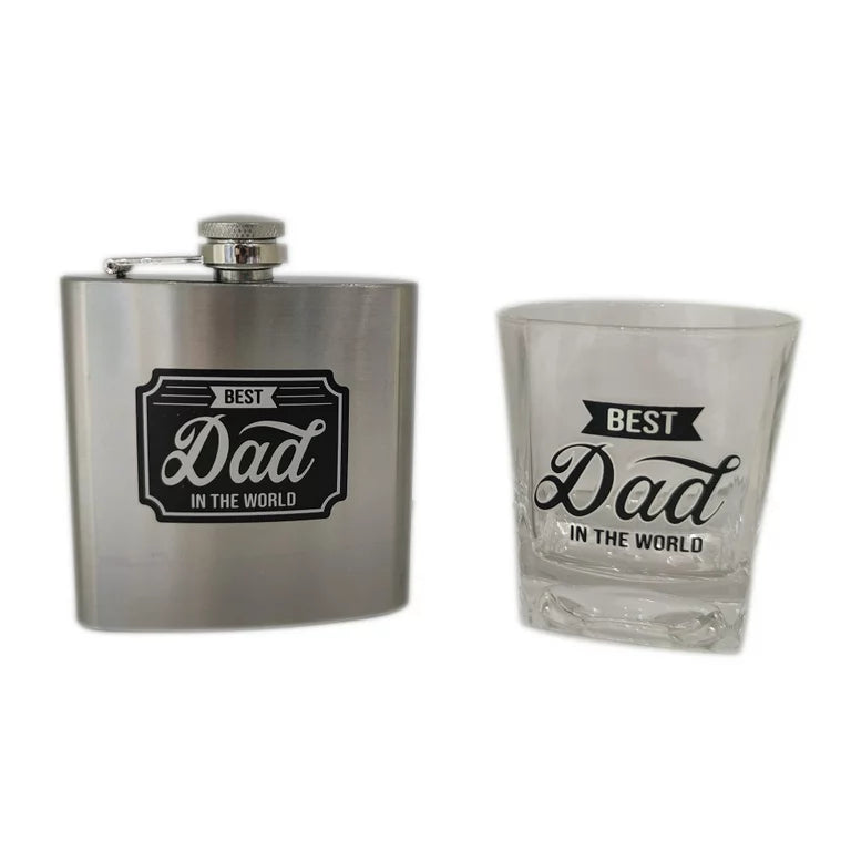 Brushed steel hip flask and square rocks glass, both reading Best Dad in the World