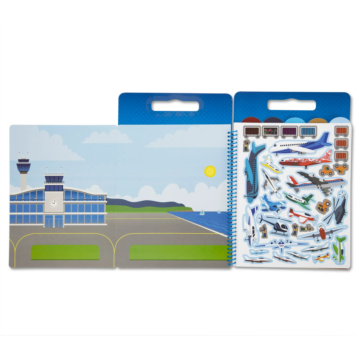 Fold-out airport scene with a sheet of airplane and helicopter stickers