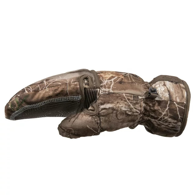 Side view of the camo flip-top mitten showing the grip palm