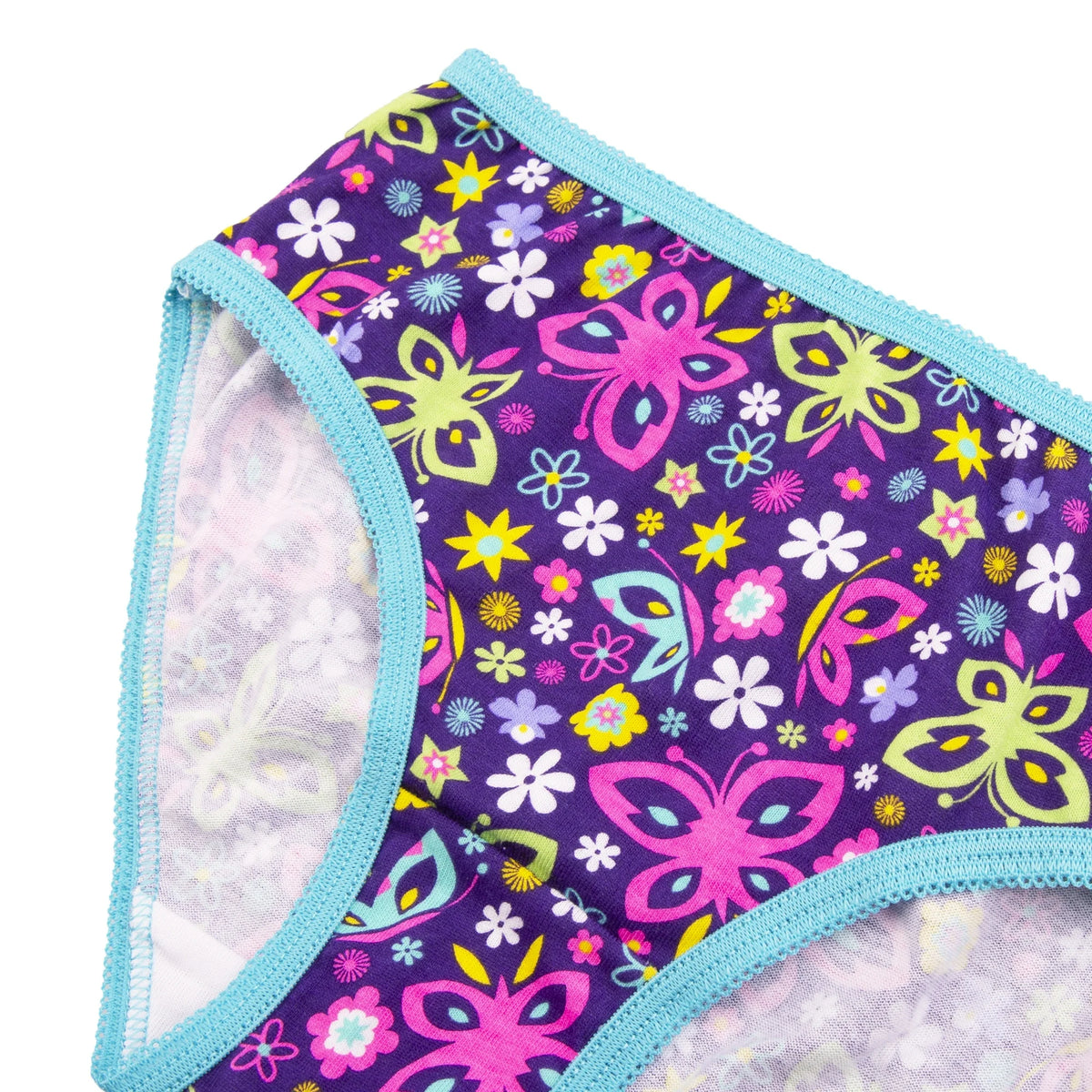 Detail of purple butterfly and flower print briefs with turquoise picot trim