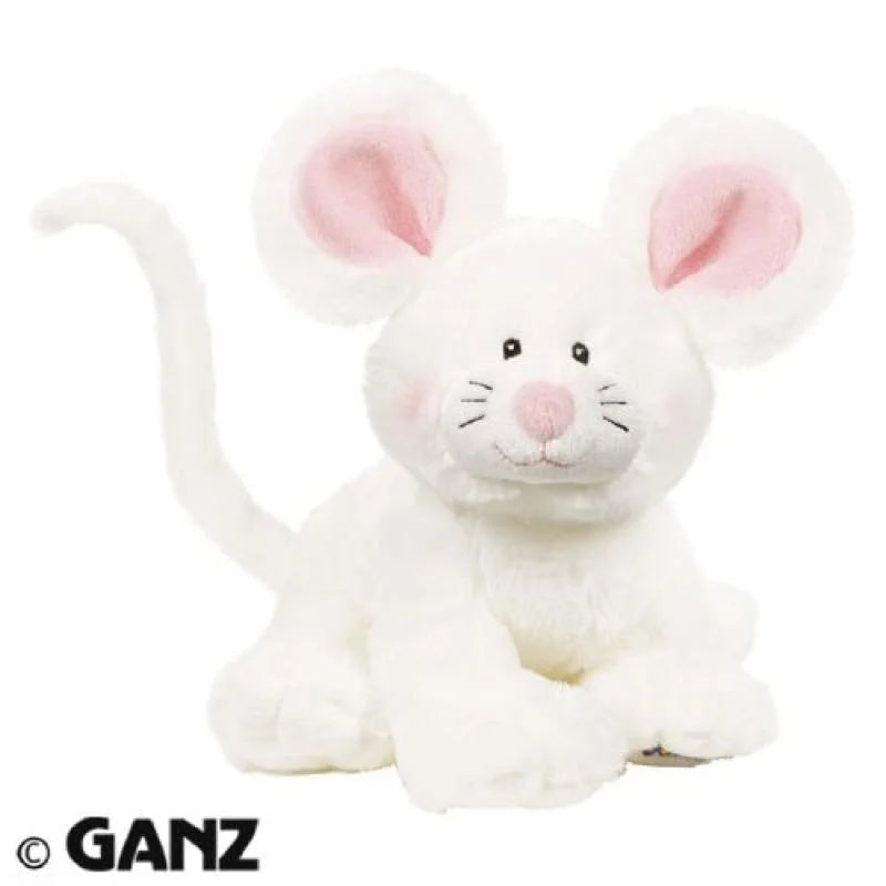 White plush mouse with big pink-lined ears, a pink nose and a long tail