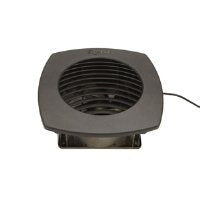 Small black square computer fan unit with a round grille and power lead