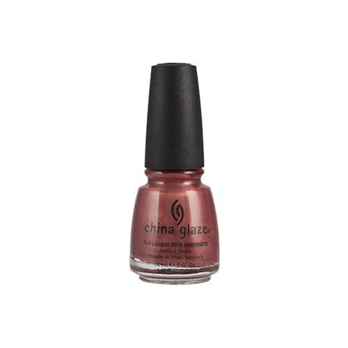 Small bottle of shimmery rosy copper nail lacquer with a black cap