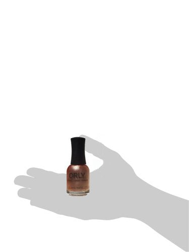 Copper shimmer Orly nail polish bottle resting on a palm silhouette to show size