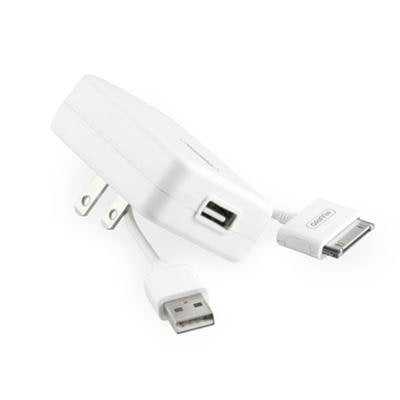 White Griffin USB wall charger with fold-out prongs, a USB cable and an iPod dock connector