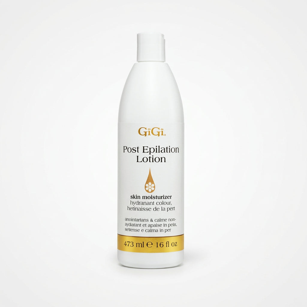 White 16 oz bottle of GiGi Post Epilation Lotion skin moisturizer